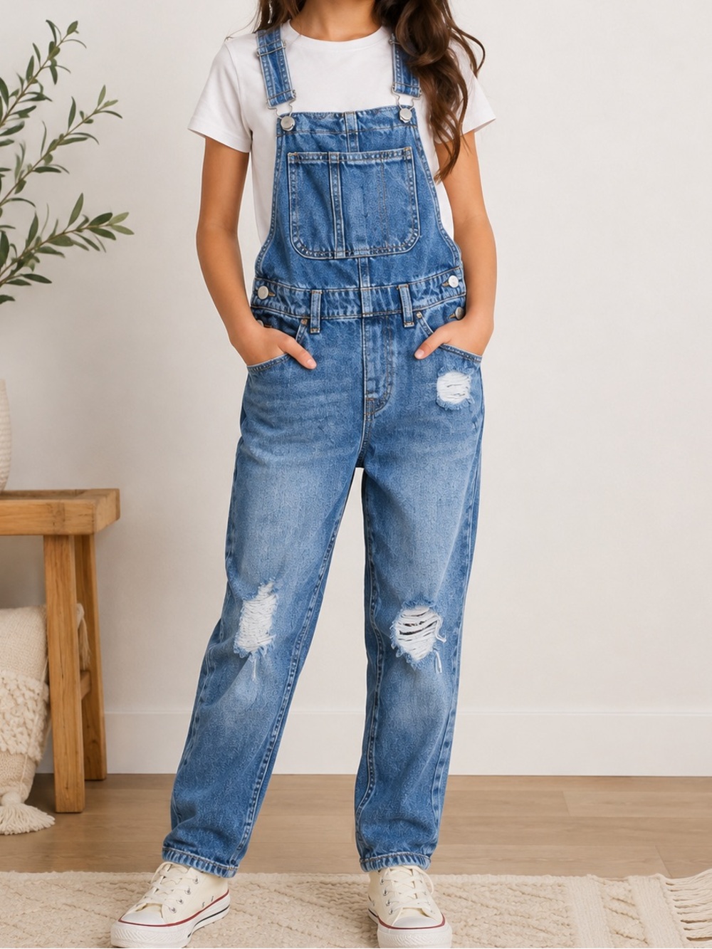 Old Navy Distressed Denim Overalls Girls L (10-12) Blue Adjustable Straps